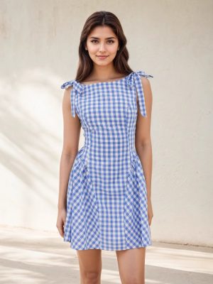 French Plaid Striped Lace-Up Pleated Dress