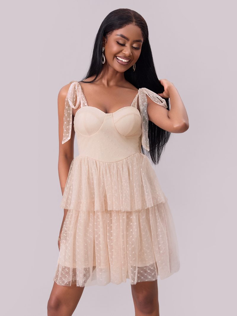 Women's Evening Mesh Dress with Lace-Up Shoulders - Image 4