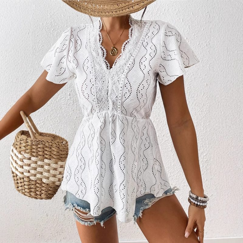 Summer Lace V-Neck Flying Sleeve Jacquard Top