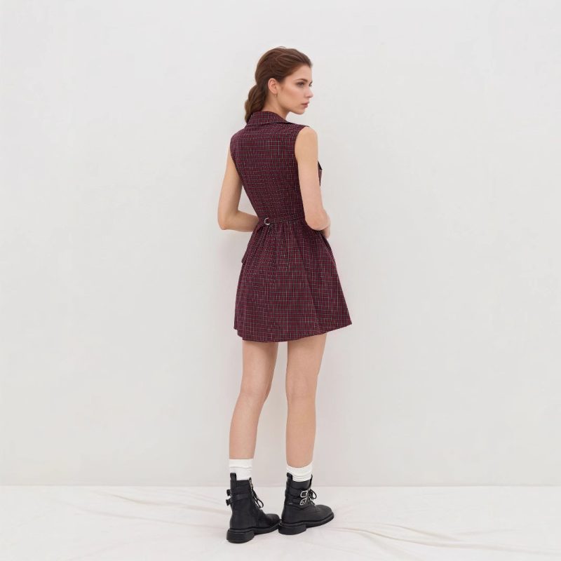 Red Plaid Halter Retro Slim Short Dress - Image 2