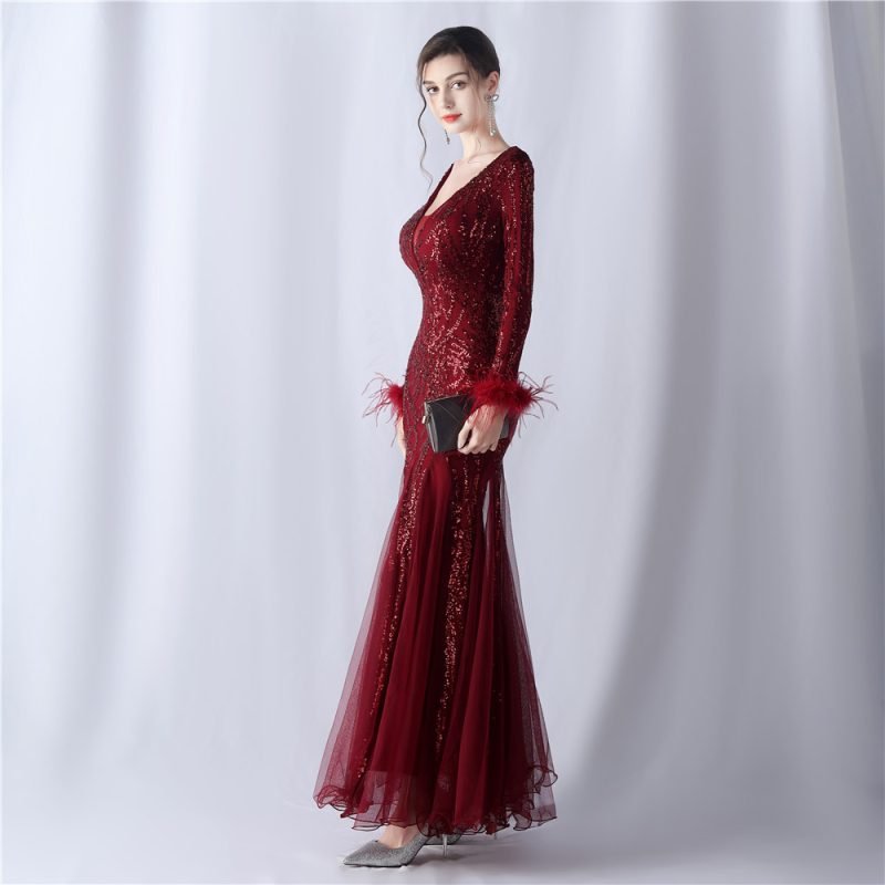 High-End Ostrich Hair Mesh Sequin Evening Dress - Image 4