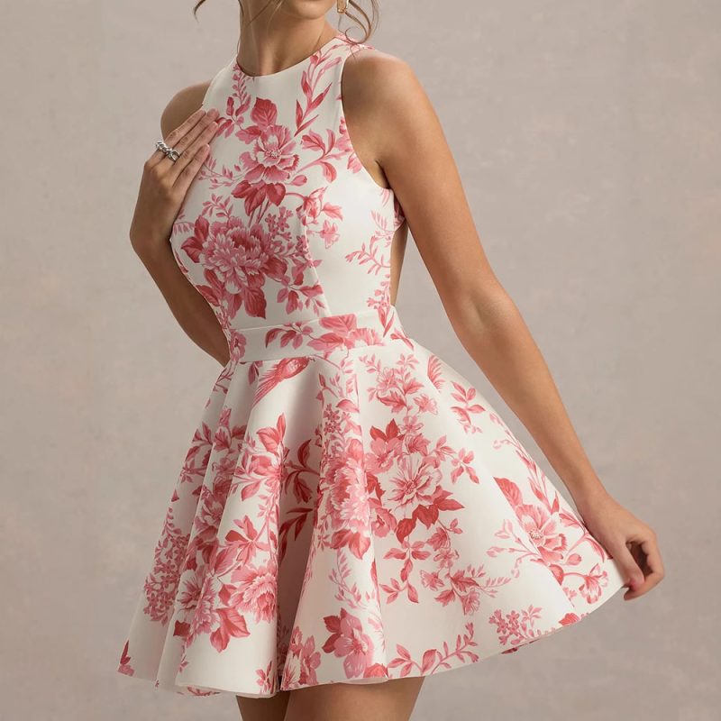 Elegant Sleeveless High-Waist Backless Printed Dress