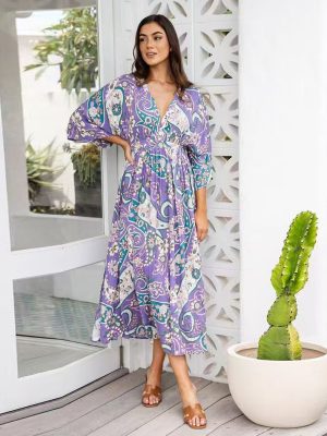 V-Neck Batwing Sleeve Slim Maxi Beach Dress