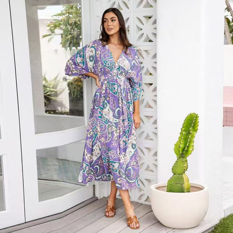 V-Neck Batwing Sleeve Slim Maxi Beach Dress