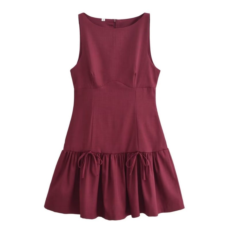 Autumn Sleeveless Bow Detail Round Neck Dress - Image 3
