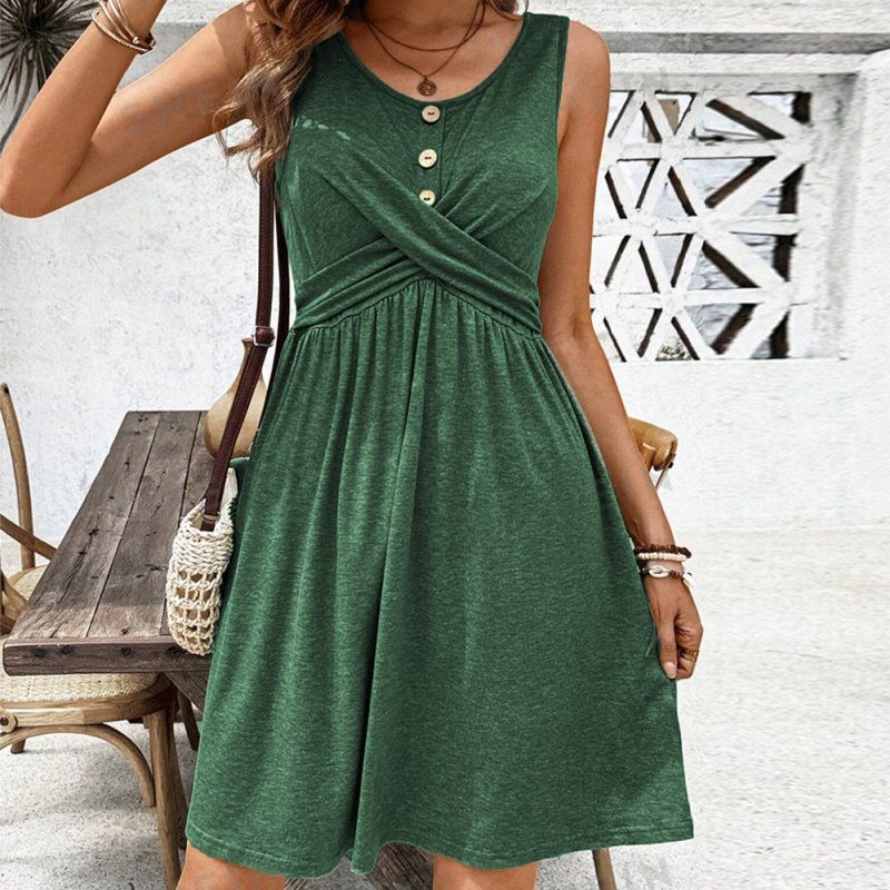 Waist Slimming Solid Color Sleeveless Dress