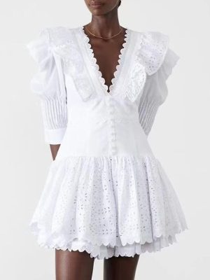 French Lace Embroidered Puff Sleeve Short Dress