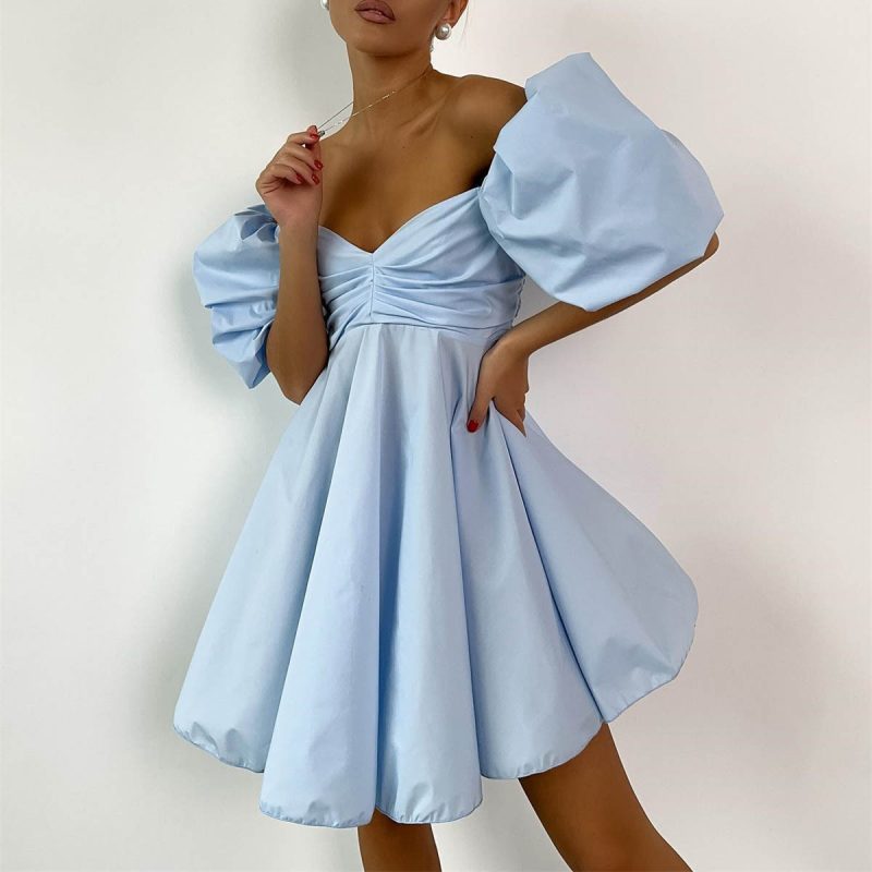 Off-Shoulder Puff Sleeve High Waist Dress