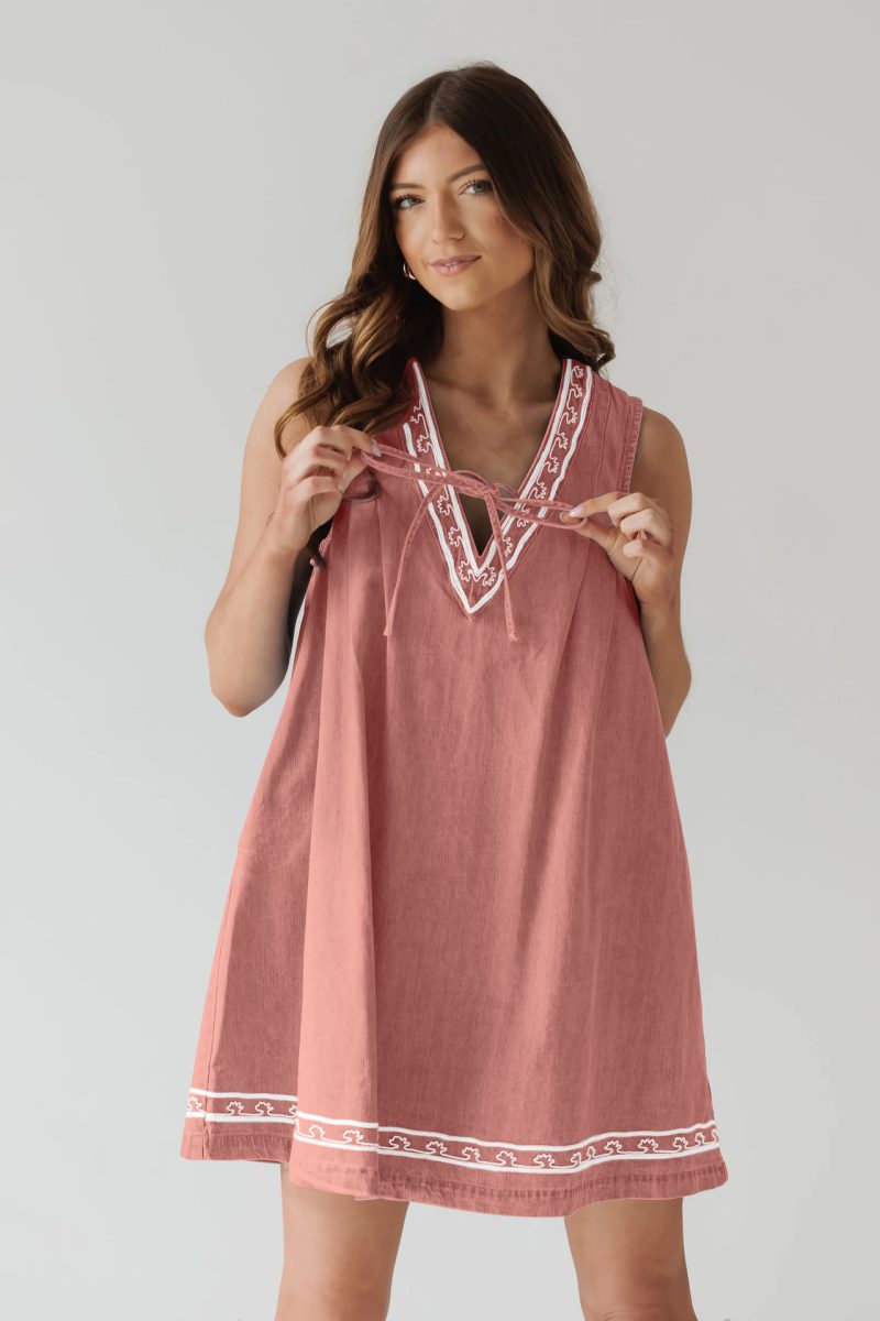 Embroidered Sleeveless Denim Dress with V-Neck - Image 2