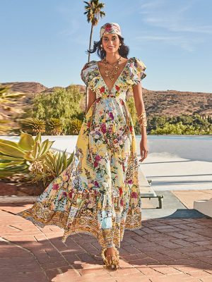 Bohemian Printed V-Neck Slimming Maxi Dress