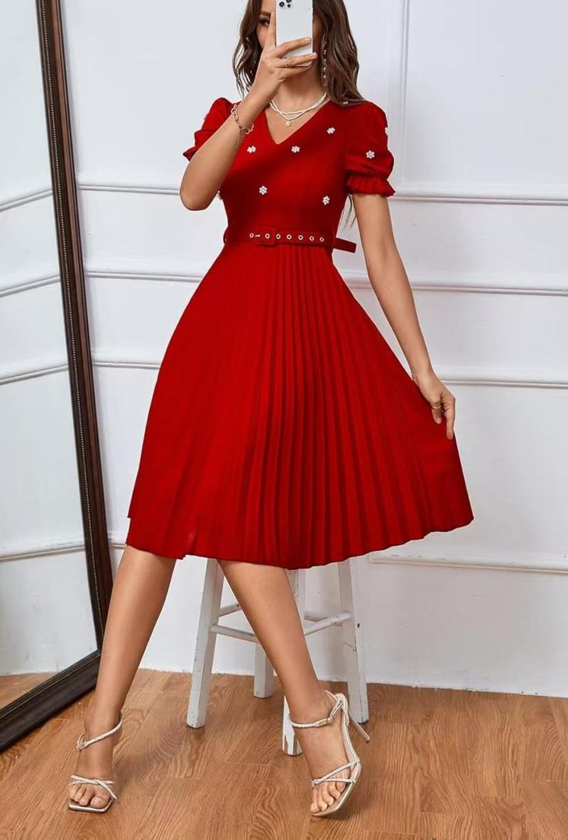 Puff Sleeve Belted Pleated Mid-Length Evening Dress - Image 2