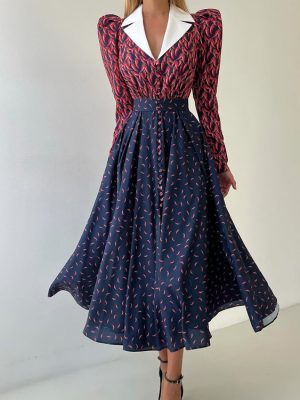 Contrast Collar Printed Waist-Controlled Swing Dress