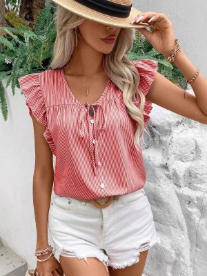 Summer V-Neck French Strap Ruffle Sleeve Loose Striped Shirt