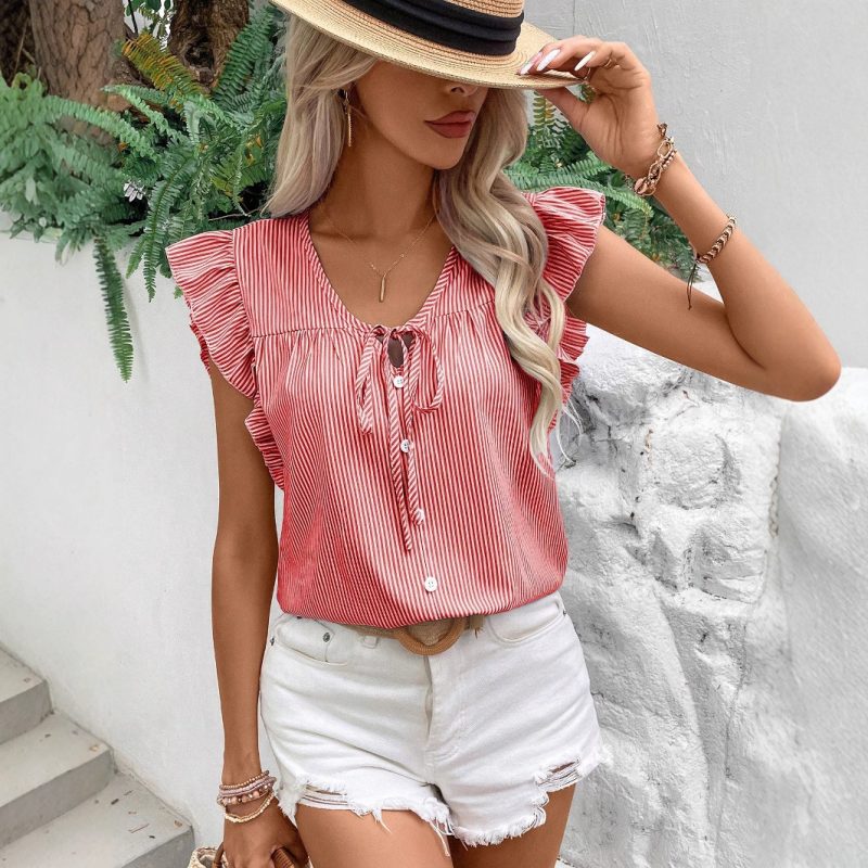 Summer V-Neck French Strap Ruffle Sleeve Loose Striped Shirt