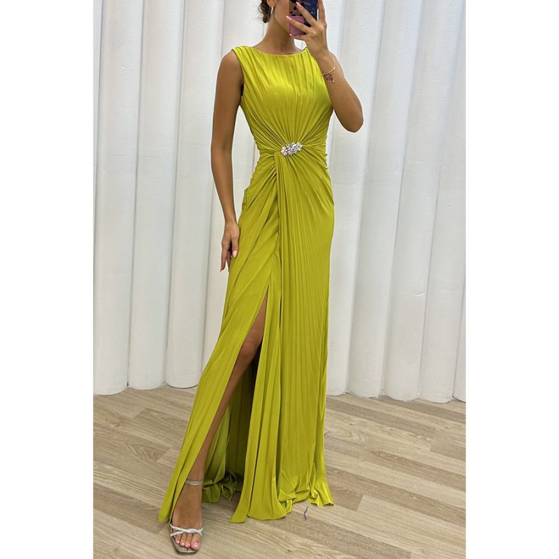 Flowy Pleated Sleeveless Dress with Slit Detail