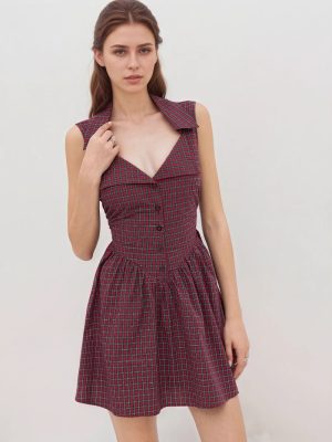 Red Plaid Halter Retro Slim Short Dress