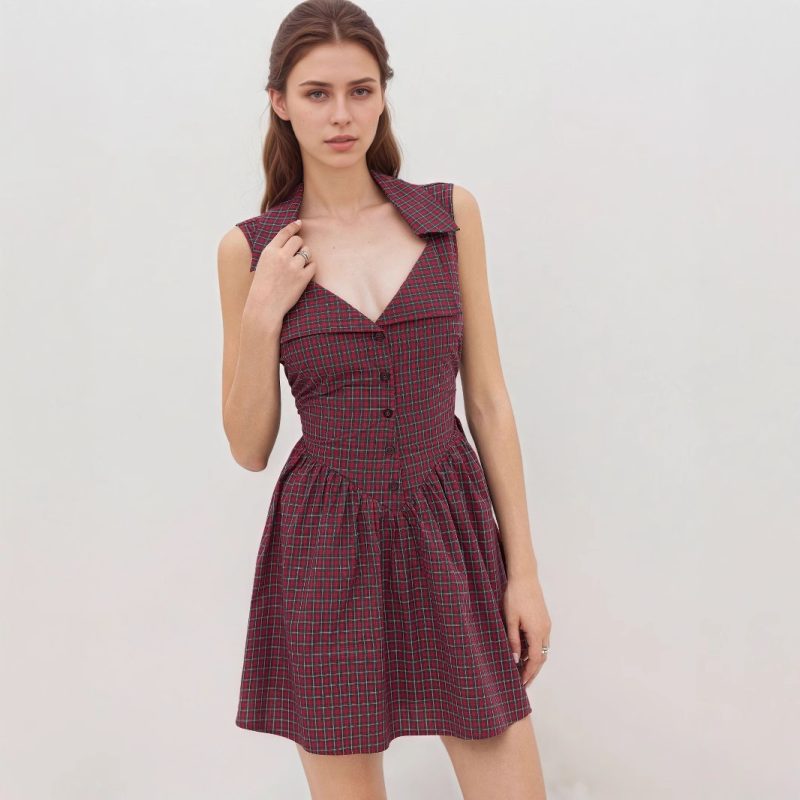 Red Plaid Halter Retro Slim Short Dress