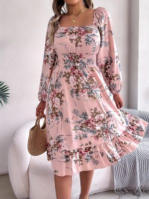 Elegant Floral Square Collar Ruffled A-Line Dress