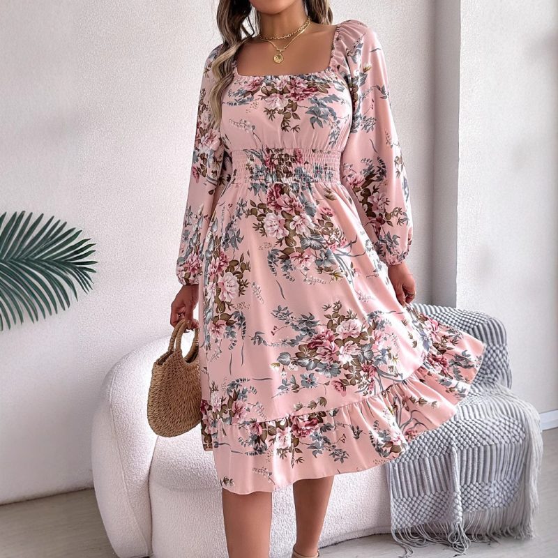Elegant Floral Square Collar Ruffled A-Line Dress