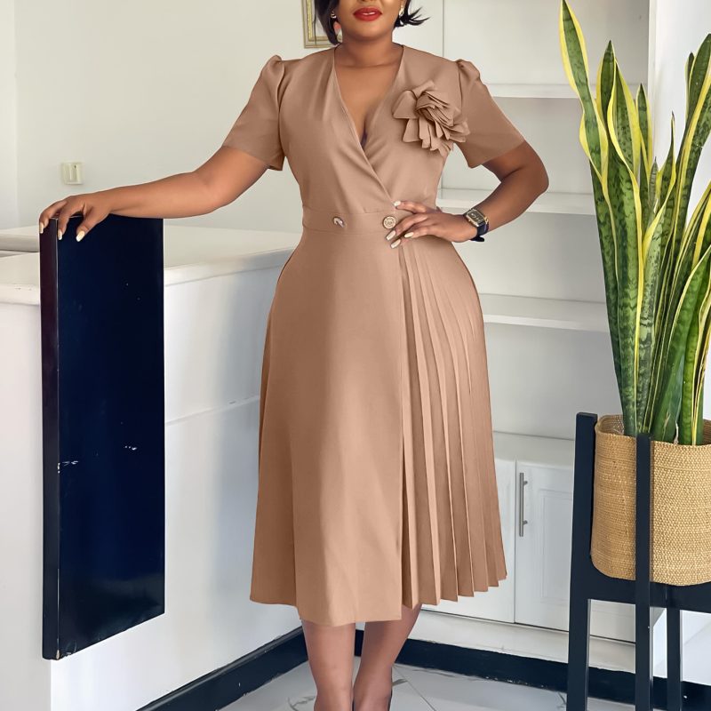 Summer V-Neck Pleated Floral African Dress - Image 3