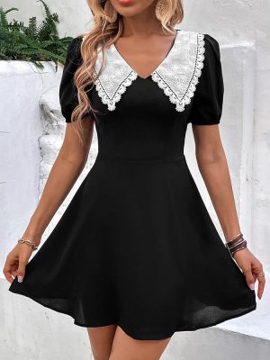 Colorblock Puff Sleeve Doll Collar Dress