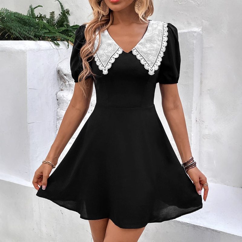 Colorblock Puff Sleeve Doll Collar Dress