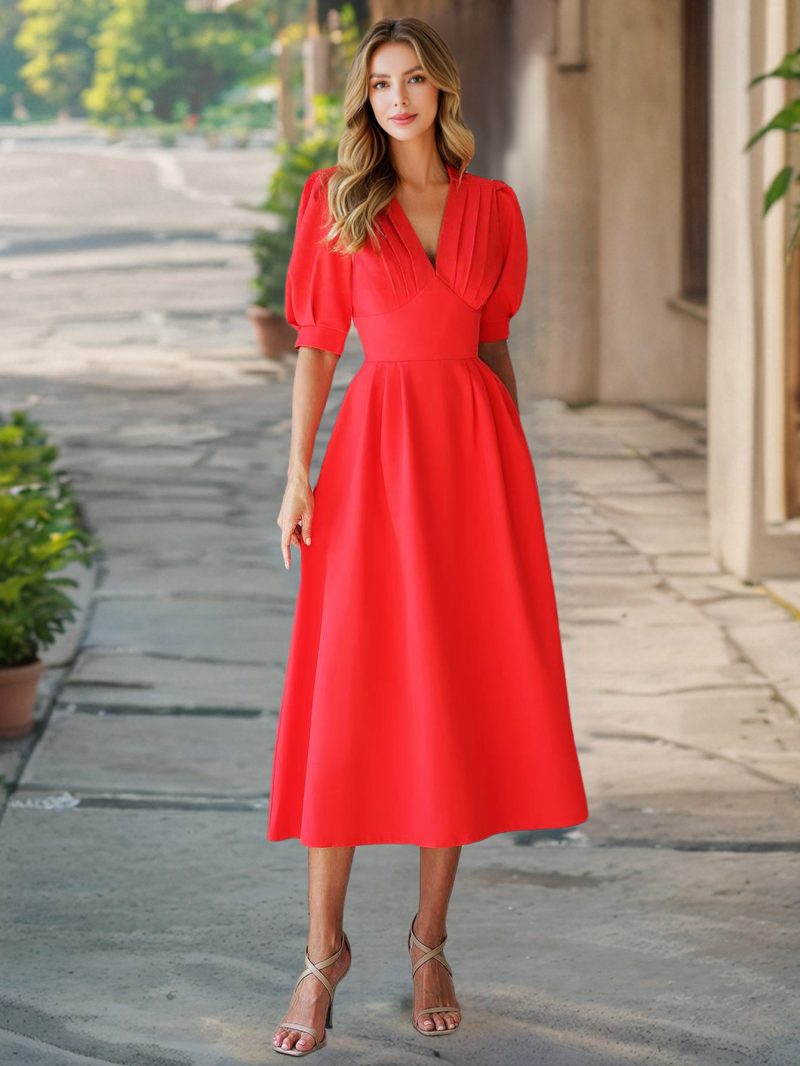 Retro Summer V-Neck Lantern Sleeve Dress - Image 3