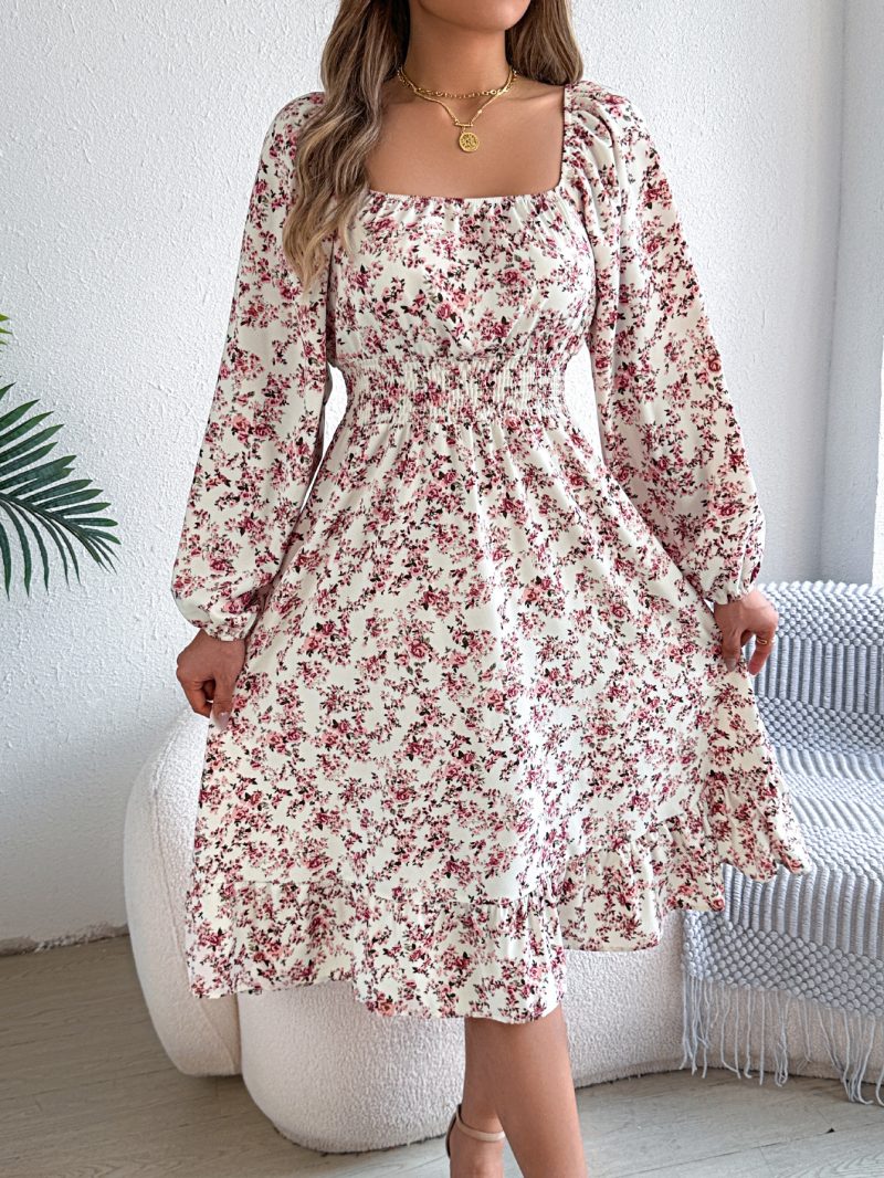Elegant Autumn Floral Square Collar Ruffled A-Line Dress - Image 2