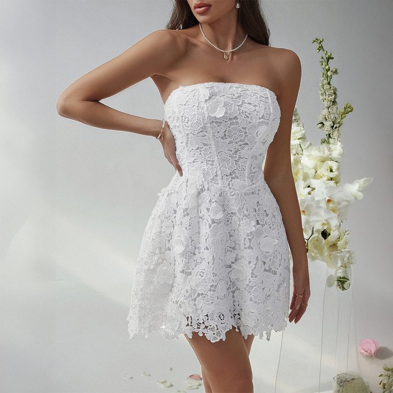 Slim Fit Embroidered Strapless Solid Mini Dress