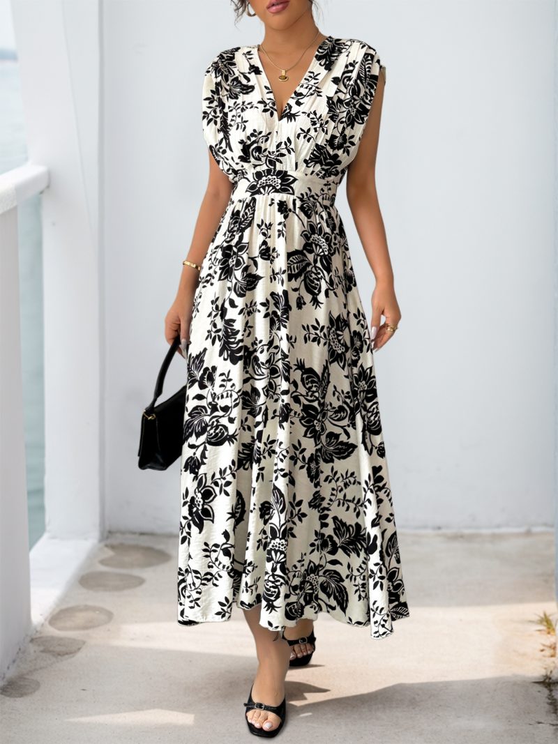 Retro Black White Floral V-Neck Dress - Image 2