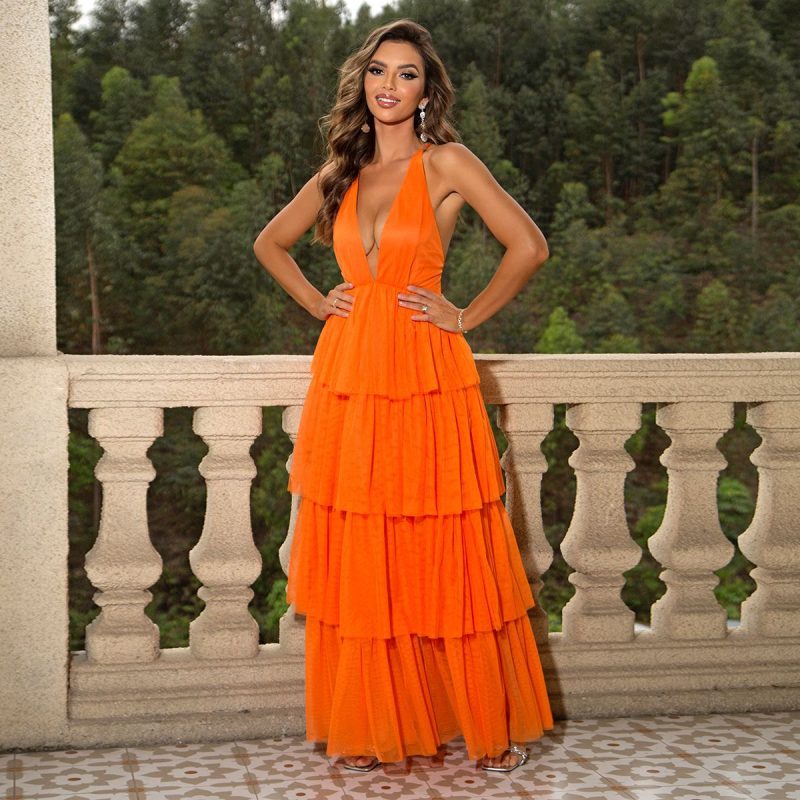 Mesh Pleated V-Neck Backless Cami Dress