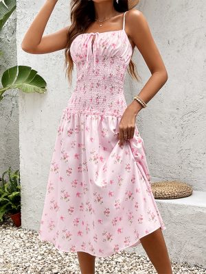 Backless Printed Lace-Up A-Line Maxi Dress
