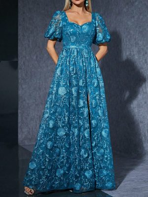Blue Puff Sleeve Slit Formal Party Dress