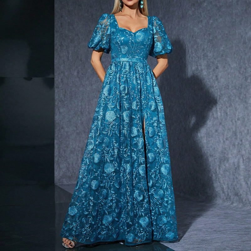 Blue Puff Sleeve Slit Formal Party Dress