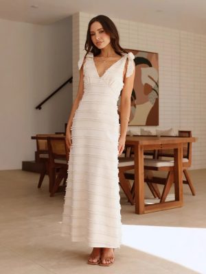 Elegant French V-Neck Textured Summer Dress