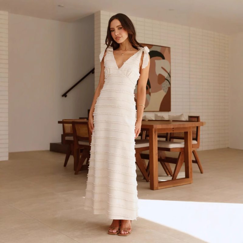 Elegant French V-Neck Textured Summer Dress