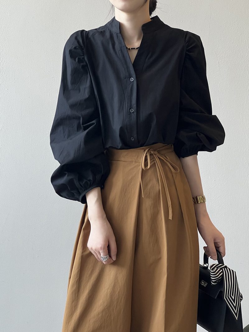 Spring Pleated Puff Sleeve Stand Collar Shirt - Image 2