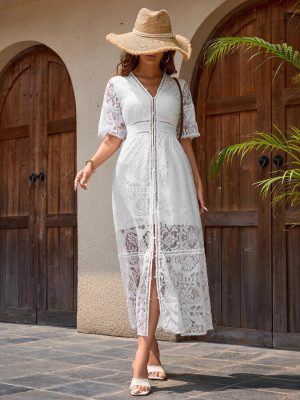 Elegant V-Neck Lace Pastoral Long Dress