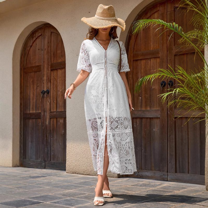 Elegant V-Neck Lace Pastoral Long Dress