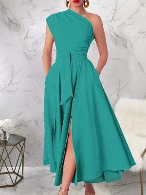 Elegant One-Shoulder Maxi Dress with Belt