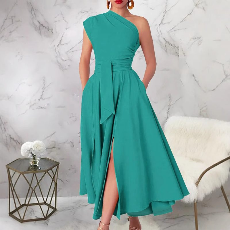 Elegant One-Shoulder Maxi Dress with Belt
