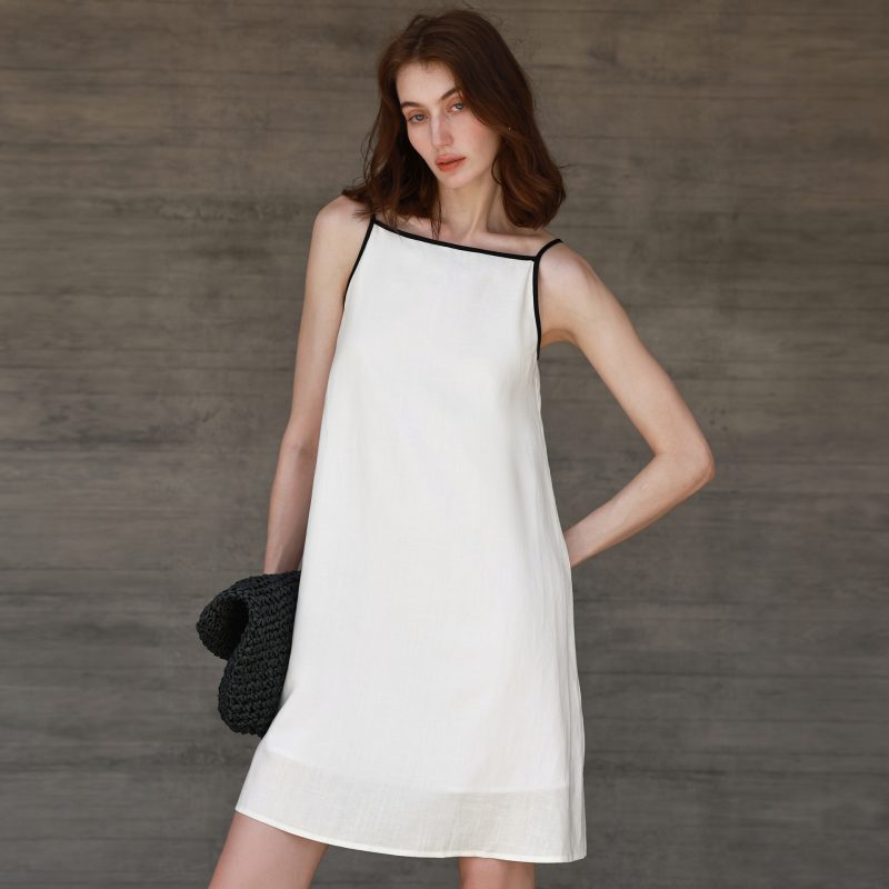 White Contrast Color Cotton Linen Summer Dress - Image 2
