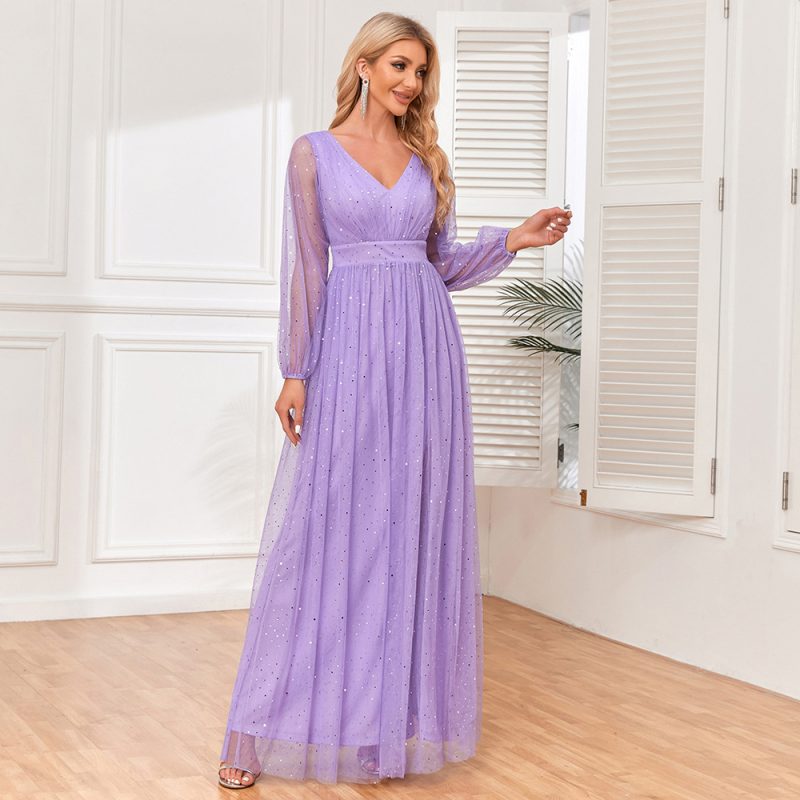 Elegant Tulle V-Neck Shiny Evening Dress - Image 3