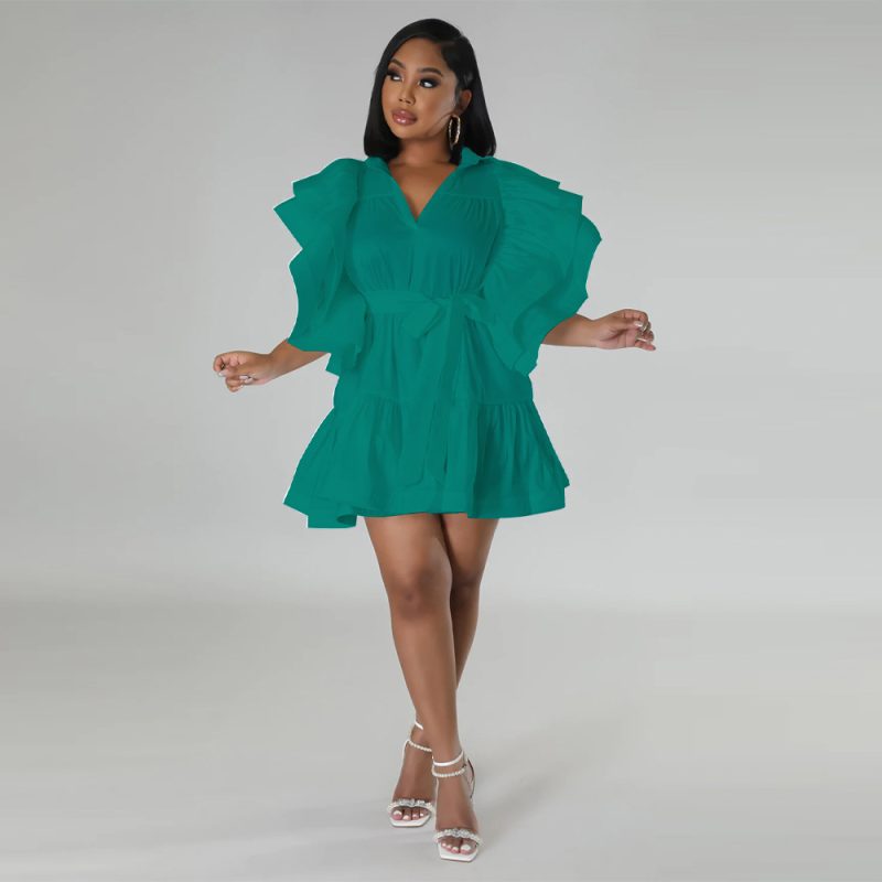 Satin Solid Color V-Neck A-Line Dress - Image 3