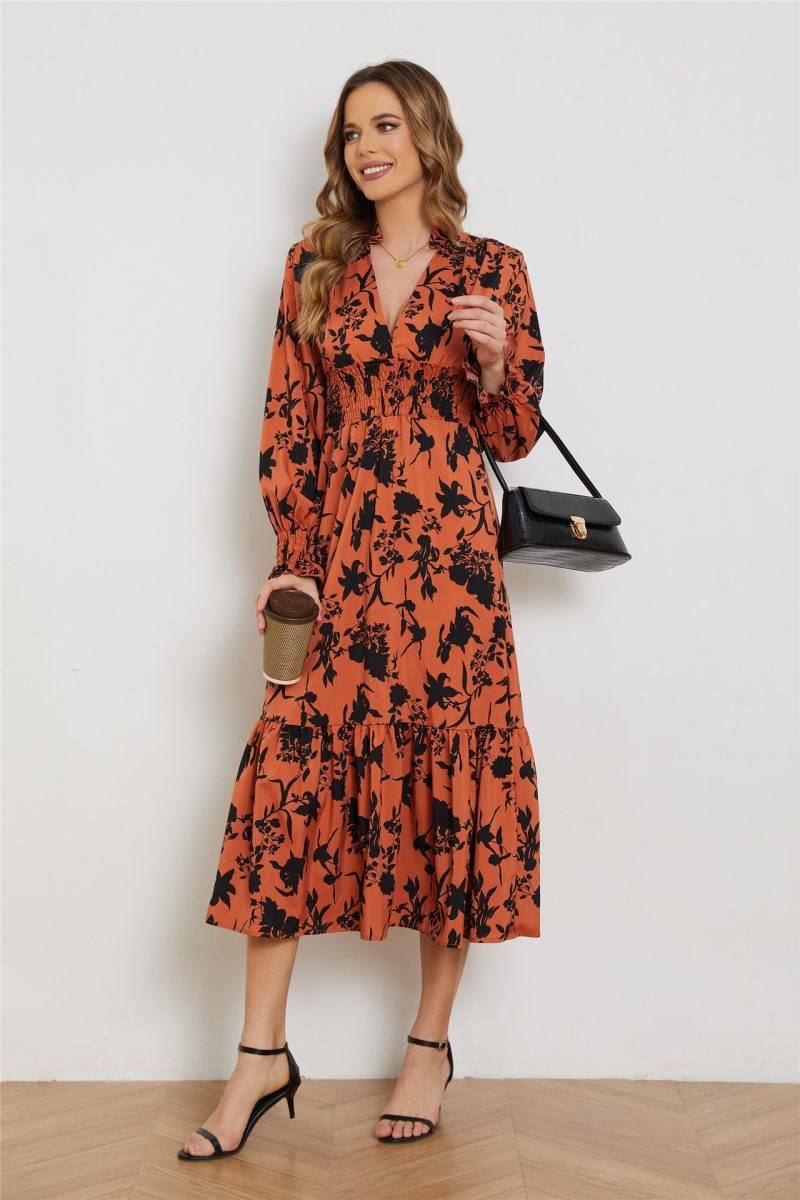 Autumn Floral V-Neck High Waist Dress - Image 2