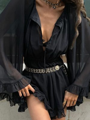 Mesh Lace-Up Square Neck Pleated Black Dress