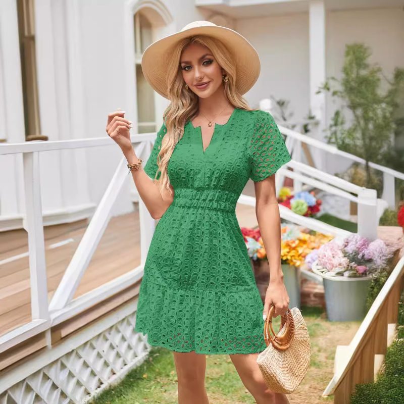 V-Neck Lace Cutout Pleated Mini Dress