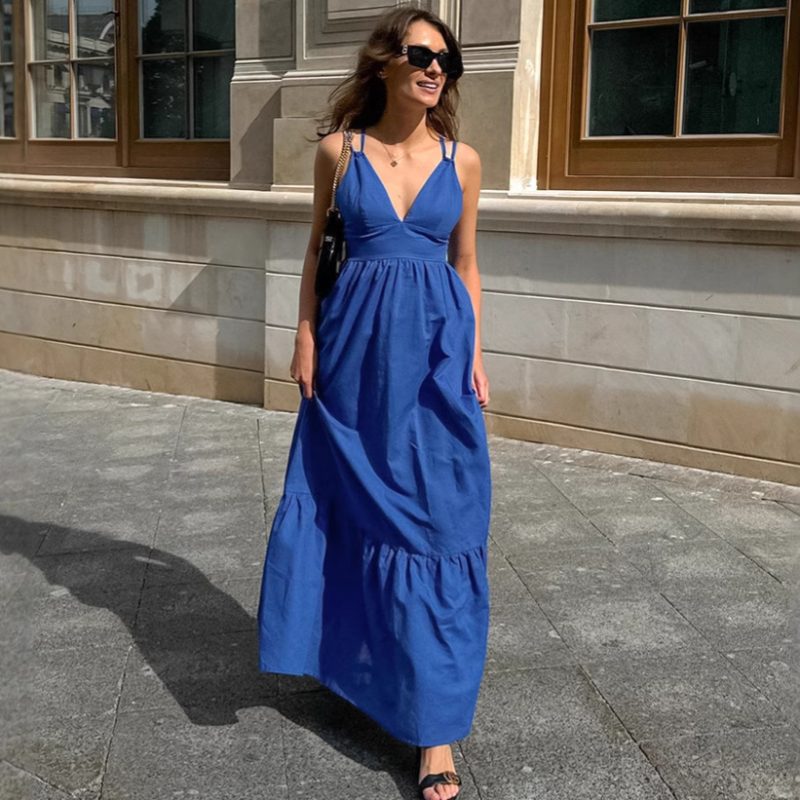 French Blue Cotton Linen V-Neck Dress - Image 2