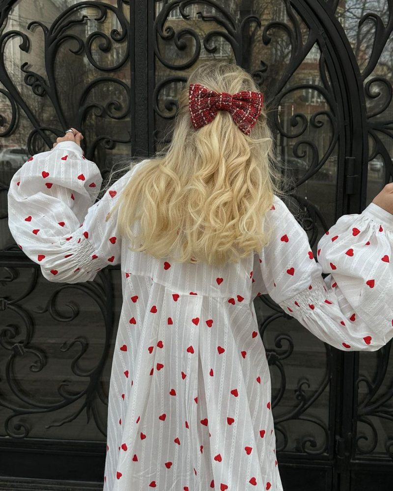 Heart Print Patchwork Lantern Sleeve Dress - Image 3