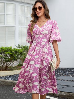 Rayon V-Neck Tight Waist Swing Dress